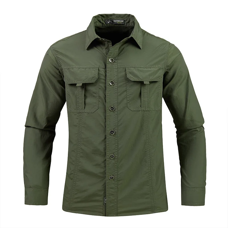 New Summer Cargo Shirt for Men Long Sleeve 2-Pocket Men's Shirts High Quality Outdoor Casual Overshirt Solid Color Quick-dry Top