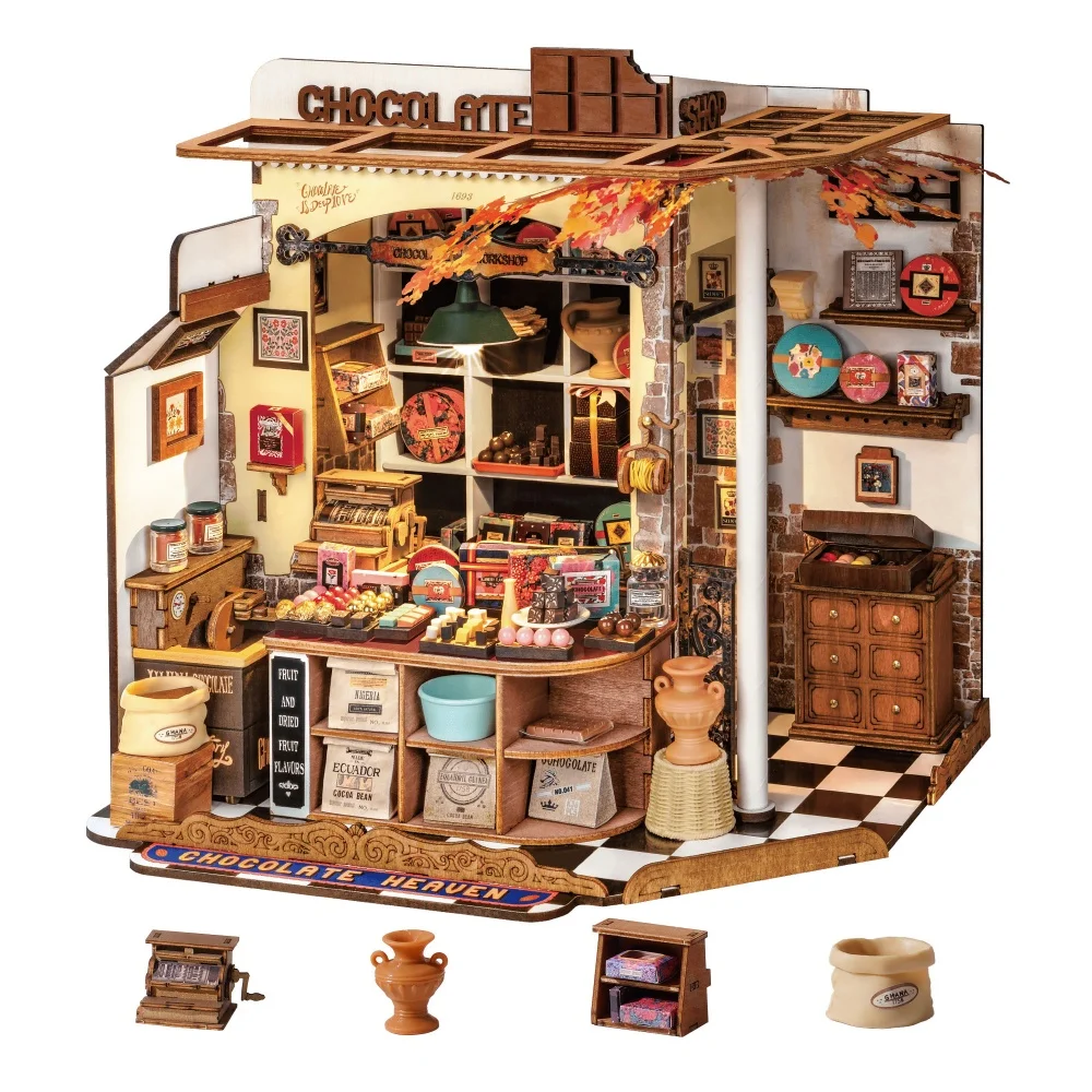 

Rolife Henry's Chocolate DIY Miniature Dollhouse Kit 330PCS Tiny House Wooden 3D Puzzle for Home Decor Gifts for Kids Adults