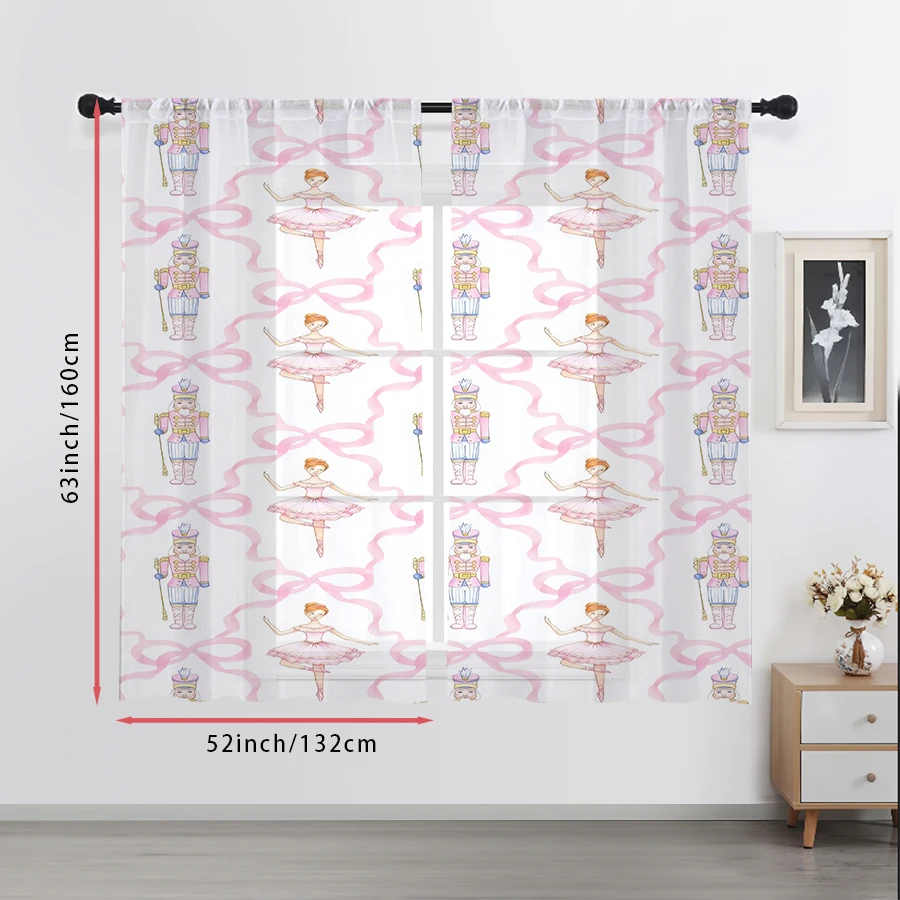 2PCS Sheer Curtains Pink Nutcracker Ballerina Ribbon Print, Window Voile Panels for Girls Bedroom Living Room Christmas Decor