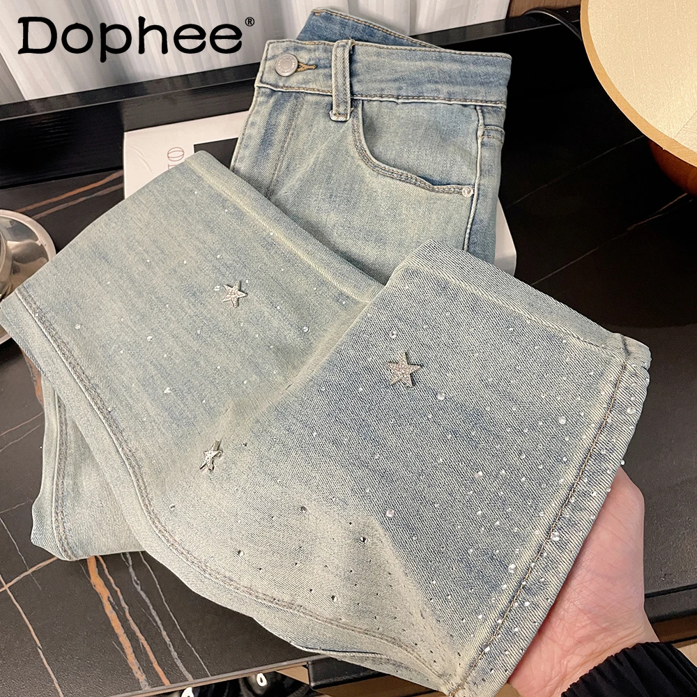 

Temperament Star Hot Diamond Shining High Waist Elastic Denim Trousers Women's Retro Polished White Light Blue Bell Pants Women