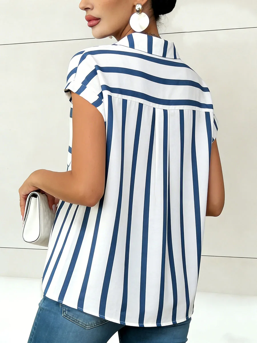 Onecozyday Women's Vertical Stripe Cap Sleeve T-Shirt Lapel Collar V Neck Button Front Double Chest Pocket Loose Casual Blouse
