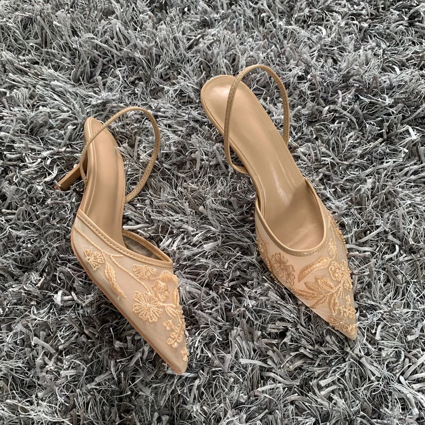 Luxury Brand High Heels Women Sandals Mesh Embroider Elegant Pointed Ladies Slingback Evening Party Wedding Bridal Dress Shoes image 6