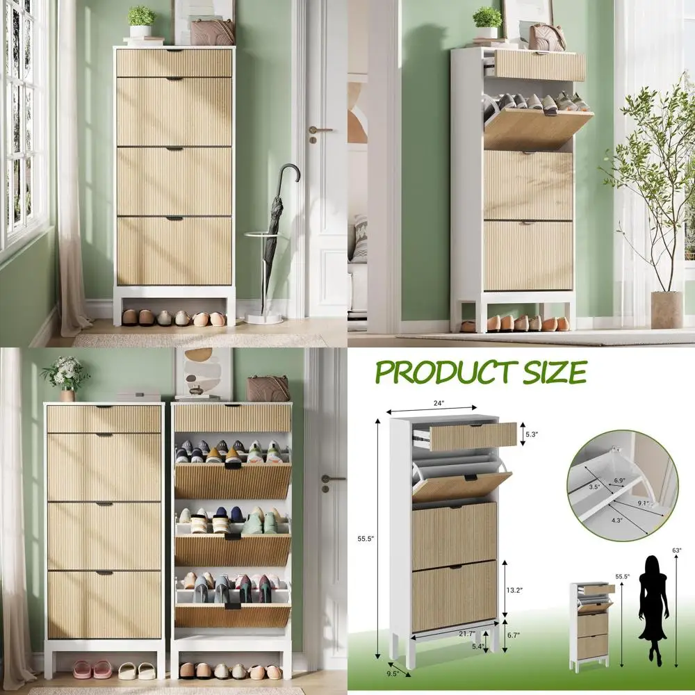 

Freestanding Wooden Shoe Cabinet with 3 Fluted Doors and Drawer for Entryway Storage