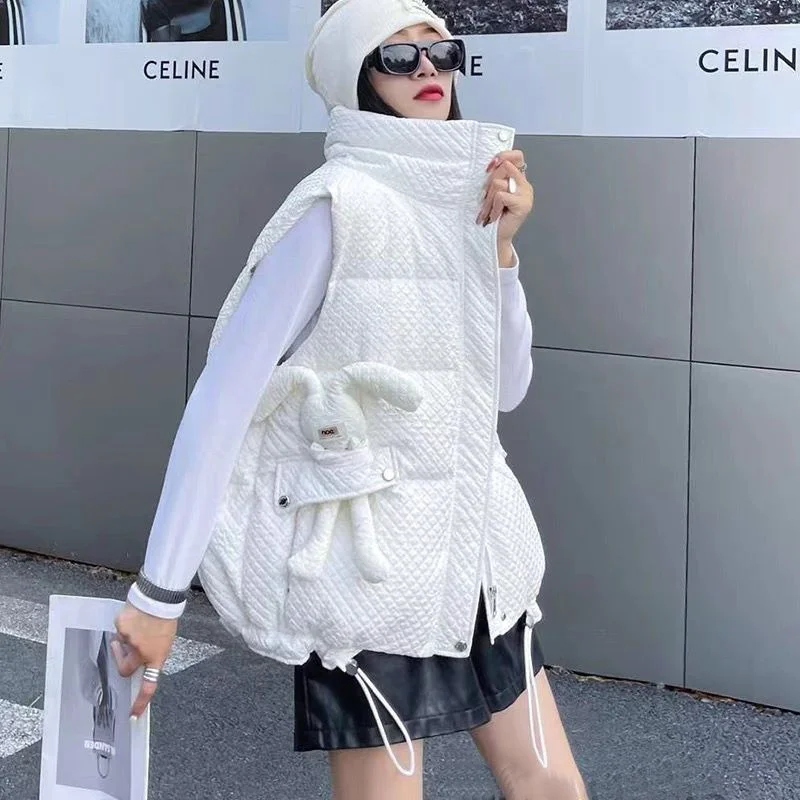 Autumn/Winter Cardigan Down Cotton Vest Minimalist Women European Station Short Bunny Vest Fashion Versatile Korean Edition Coat
