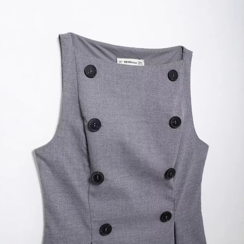 Topenomi Sleeveless Top Women 2024 Autumn Double Breasted Slash Neck Slim Short Tanks Elegant Gray All Match Office Ladies Vest