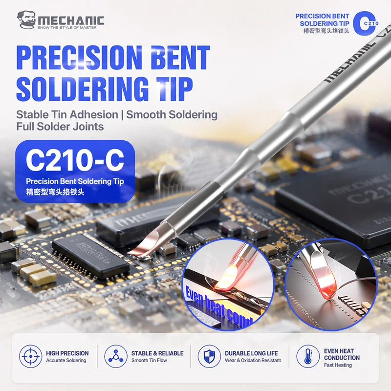 MECHANIC C210 C Bent Elbow Soldering Tip Thickened Plating Uniform Heat Transfer Stable Tin Adhesion for Precise Mobile PCB