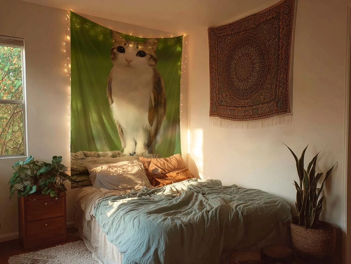 1pc Funny Cat Face Owl Body Hybrid Meme Wall Tapestry for Bedroom Living Room Dorm, Multiple Sizes, Polyester 2D Print, Wall Han