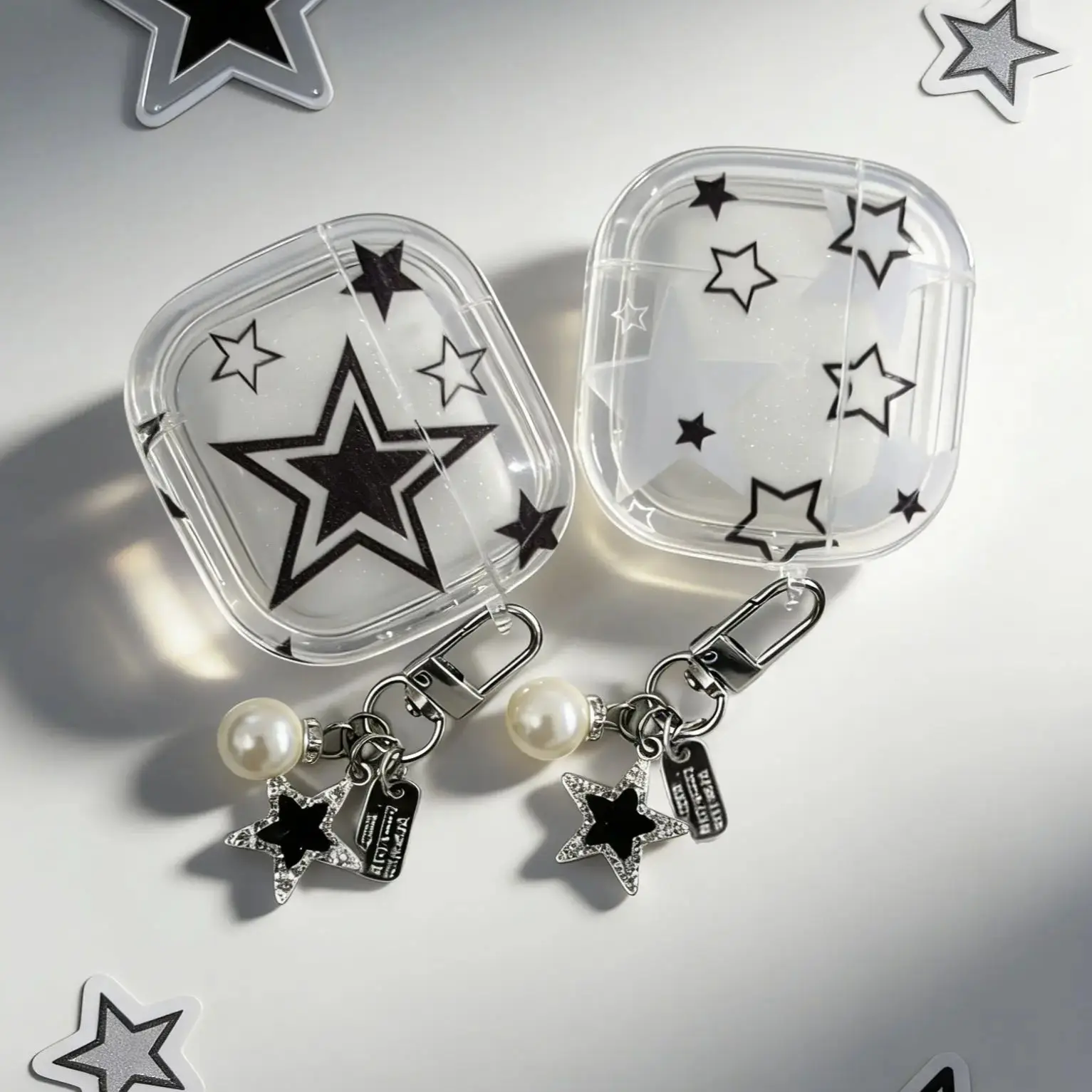 Trendy Black & White Star Transparent Earphone Case –  Cover with Pearl Star Keychain Accessory for AirPods 1/2/ - view 5
