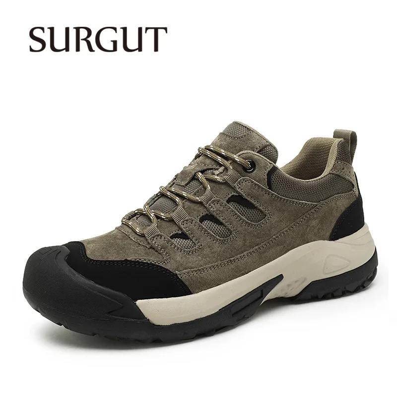 SURGUT Men Casual Leather Cushioning Breathable Anti-Collision Shoes Lightweight Non-Slip Wear-Resistant Thick Sole Shoes Men