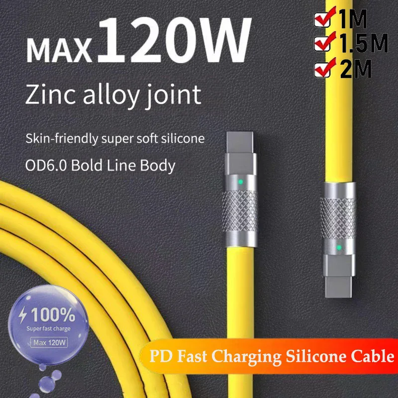 120W Cable 6A Super Fast Charge Dbl TypeC PD Liquid Silicone Cable 1M 1.5M 2M Cable C To C Quick Charger Cable for Xiaomi iPhone