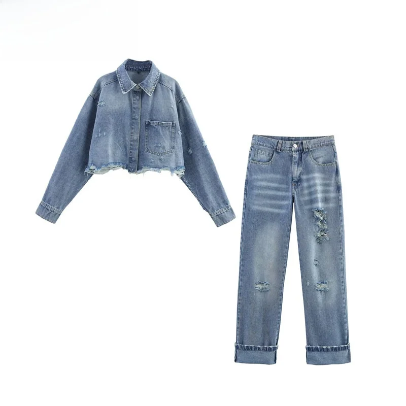 

Осень 2023. Женская джинсовая куртка Faion ort Irt с дырками. Длинные брюки. Комплект из двух предметов Street Sle. Длинный све со средней талией.