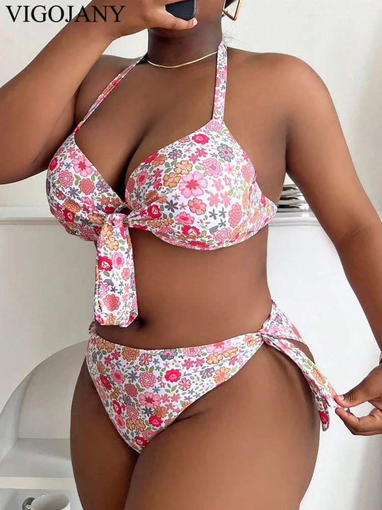 VigoJany 2025 Print Halter Plus Size Bikini Set Women Push Up Hollow Swimsuit High Waist Backless Strój kąpielowy Summer Bitchwear