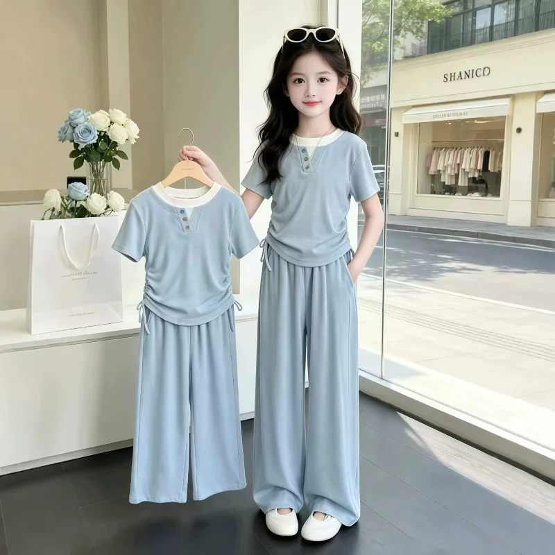 Summer Teenage Girls Clothes Set Children O-Neck Tshirt and Casual Wide-Leg Pants Suit Student Short Sleeve Top Bottom Outfits
