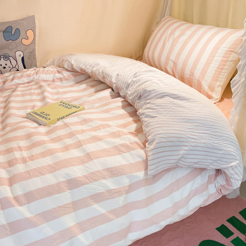 Imagem -02 - Conjunto de Cama Estilo Listrado para Meninas e Meninos Capa de Edredão Impressa Fronha com Lençol Conjunto de Roupa de Cama para Casa