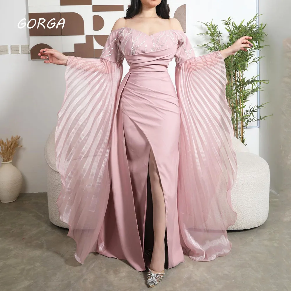 

GORGA Pink Sequined Off the Shoulder Mermaid Evening Dresses Saudi Arabia 2023 Slim Chiffon Long Sleeve Party Gowns Prom Dress