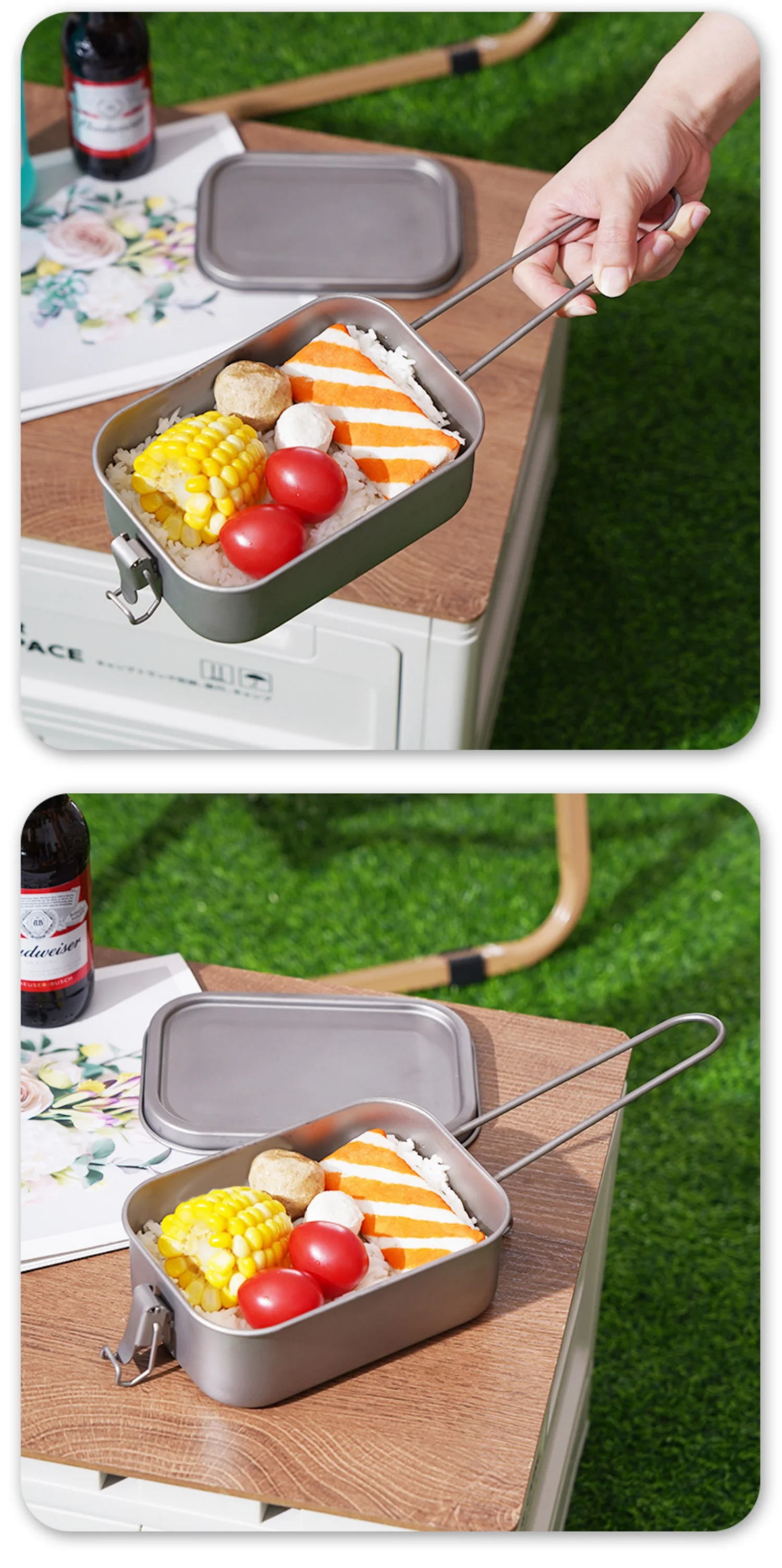 Lunchbox aus reinem Titan mit Deckel, Bento-Box mit Verschlussklammern, 800 ml oder 1200 ml, optionaler, zusammenklappbarer Griff, ideal für Camping und Arbeit. – Detail 6