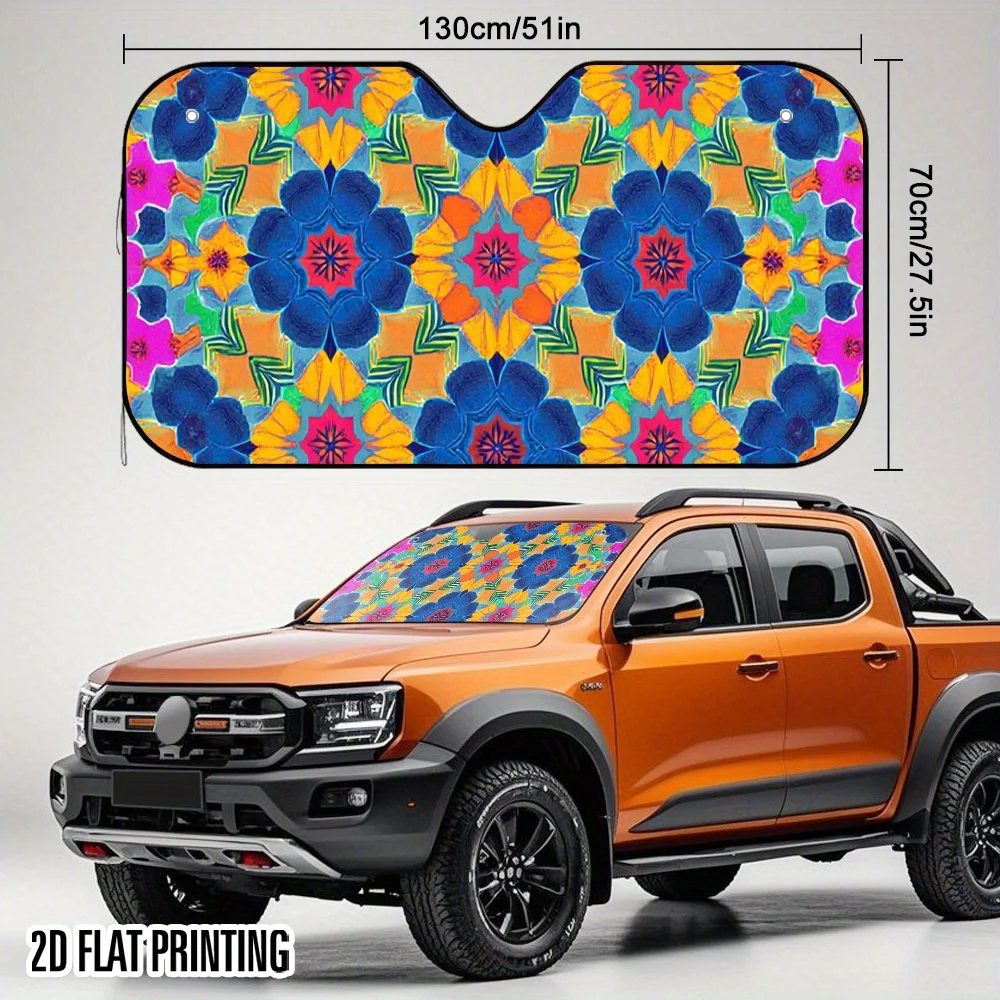 1pc Colorful Mandala Design Car Sunshade - Foldable Fit For SUVs, Sedans, Vans & Trucks, 4 Suction Cups, Heat & Glare Reduction,