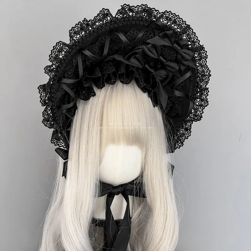 

Victorian Bonnet Hat with Lace Tea Party Costume Sun Cap for Women Maid Hat Lolita Bonnet Cap Lace Black Gothic Vintage Girls Yo