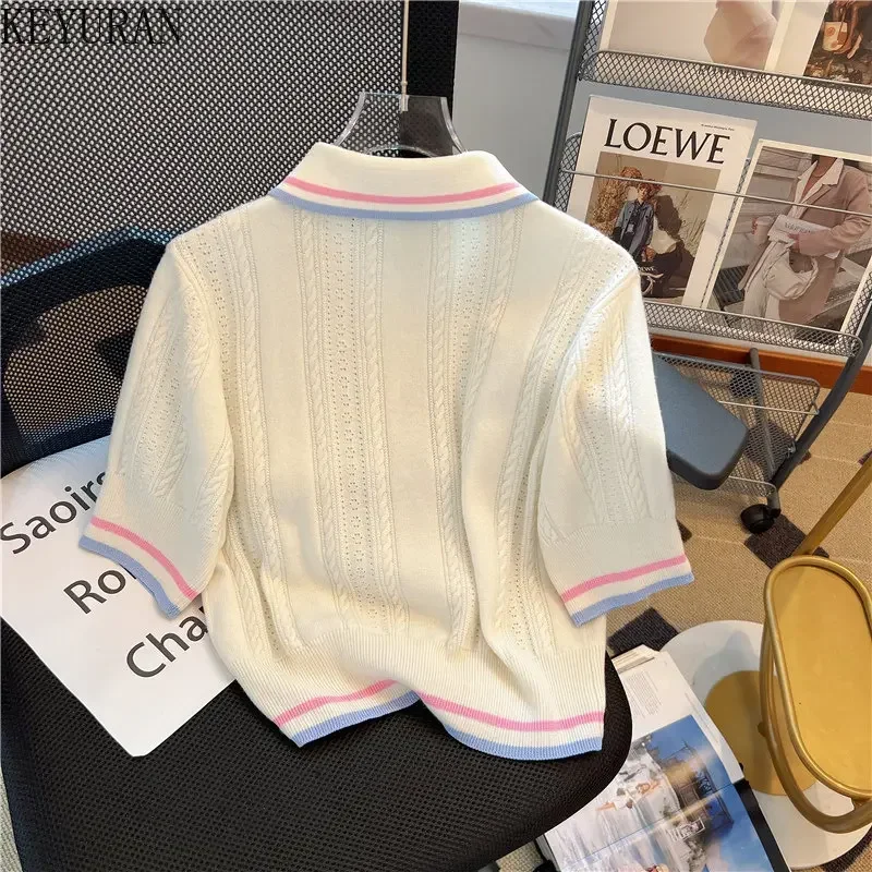 2024  Loose Casual Short Sleeve Knitwear Tops Woman Tees Polo Collar White Pullover Sweater Women Knitted T-Shirt Spring Summer