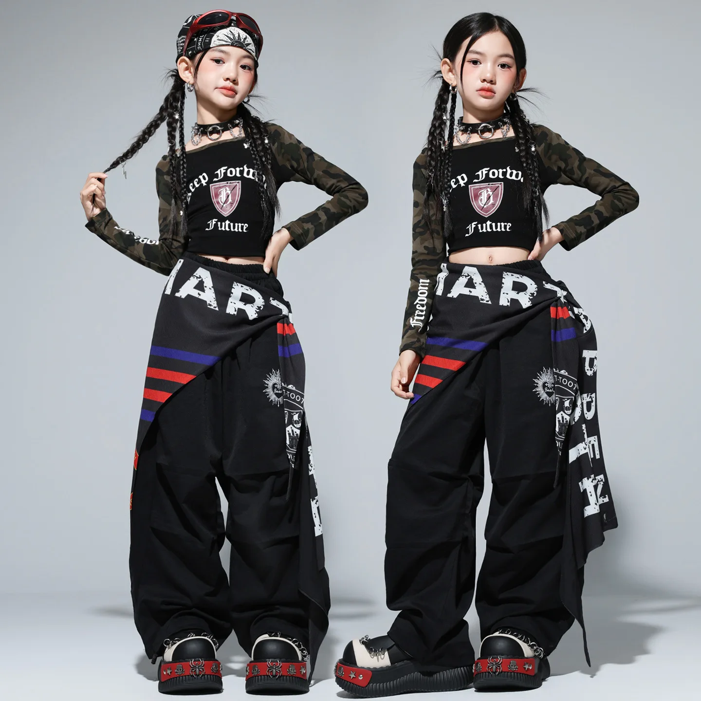 طفل الهيب هوب الملابس السوداء المحاصيل طويلة الأكمام قمم الجيش الأخضر المظلة السراويل للفتيات مجموعة الشارع ملابس رقص الملابس