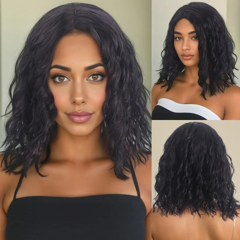 

Women's European-style wig, middle-parted shoulder-length short curly , slightly wavy medium-long hair, corn-curled sy