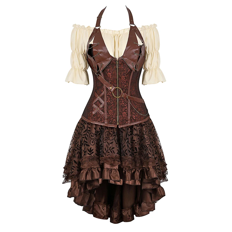 Steampunk Corset Dress Pirate Costume  for Women Halloween Medieval Blouse Gothic Faux Leather Corset Dress With Straps Brown