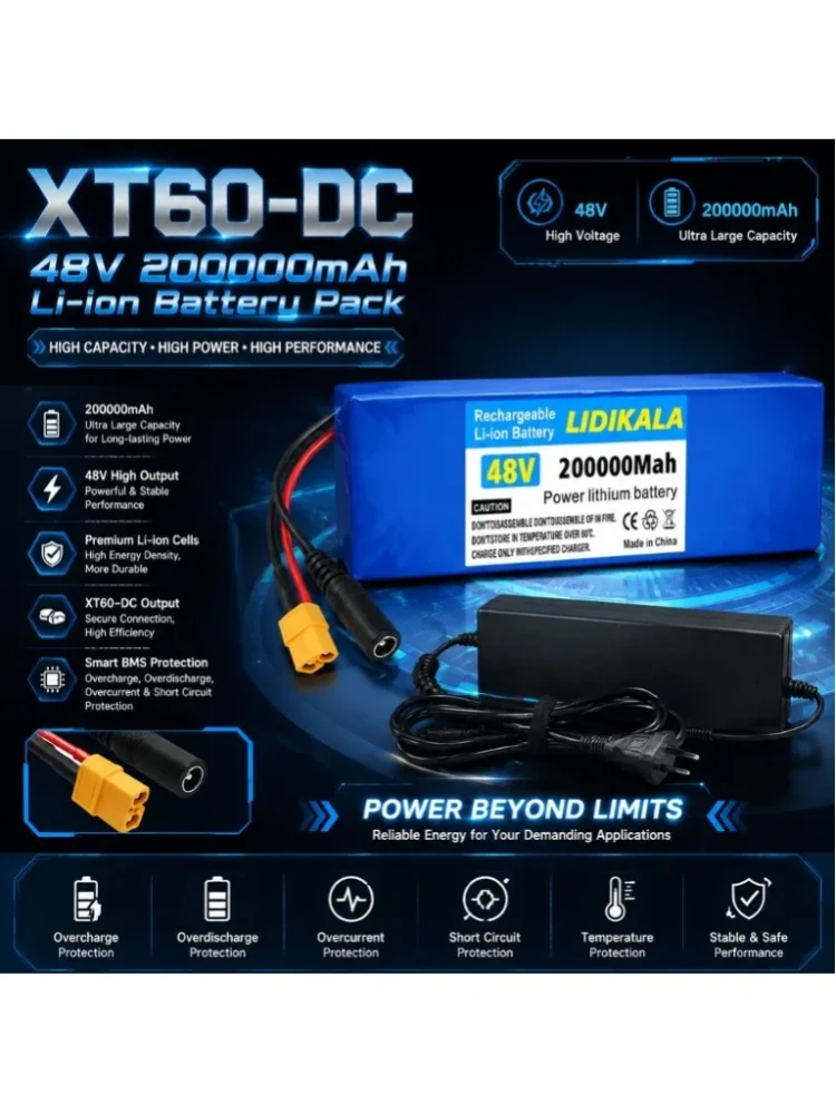 48V 200000mAh 13S3P wiederaufladbarer Lithium-Ionen-Akku mit BMS-Schutz + 48V-Ladegerät XT60+DC-Anschluss für E-Bike, E-Scooter, Solarenergiespeicher