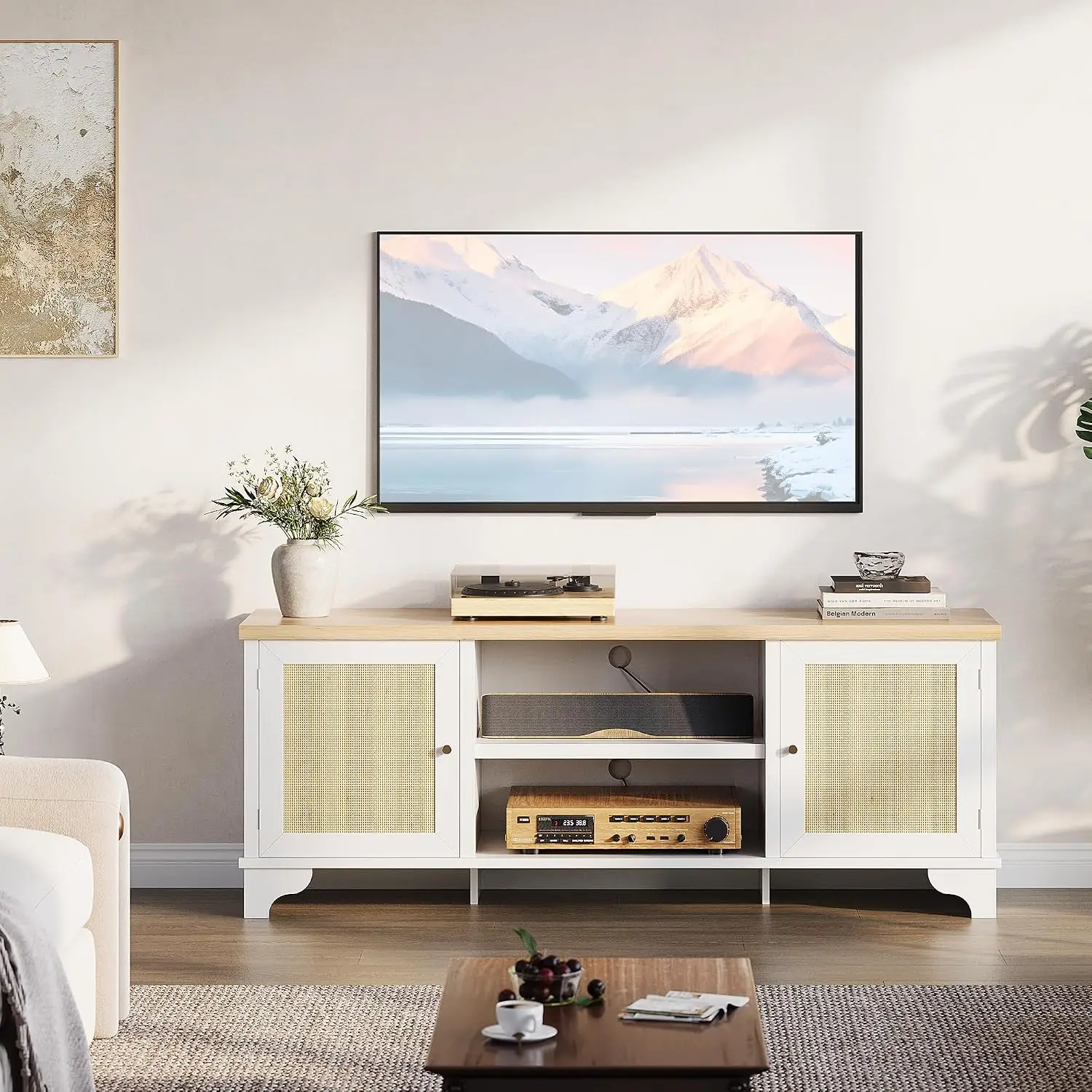 White Rattan TV Stand 70 Inch, Boho Entertainment Center Storage Cabinets & Open Shelves, 62