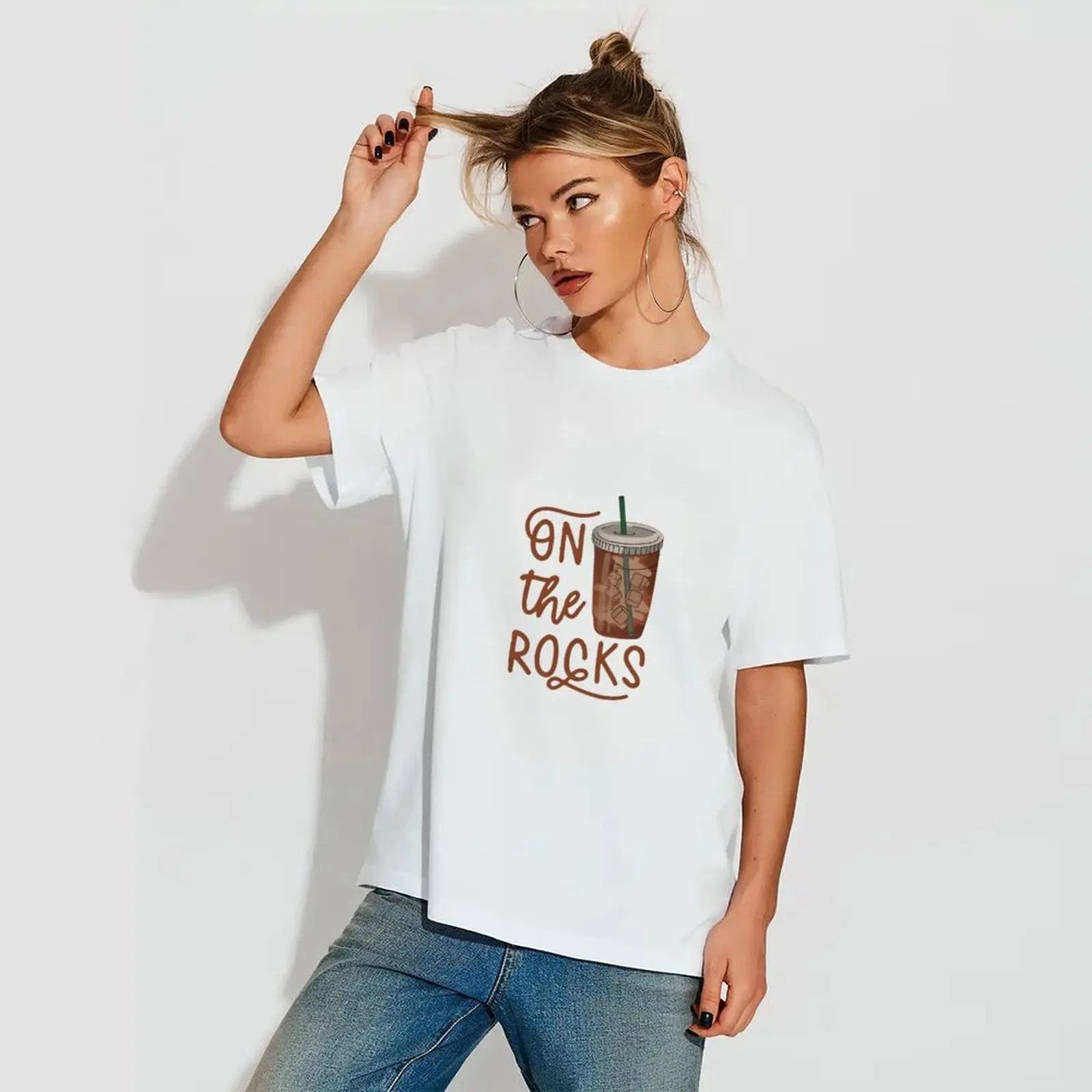 

Women Crew Neck Short Sleeve T-Shirt Casual Comfortable Moisture Wicking Sweat Absorbing With Milk Tea And Ice Cube Cup Print