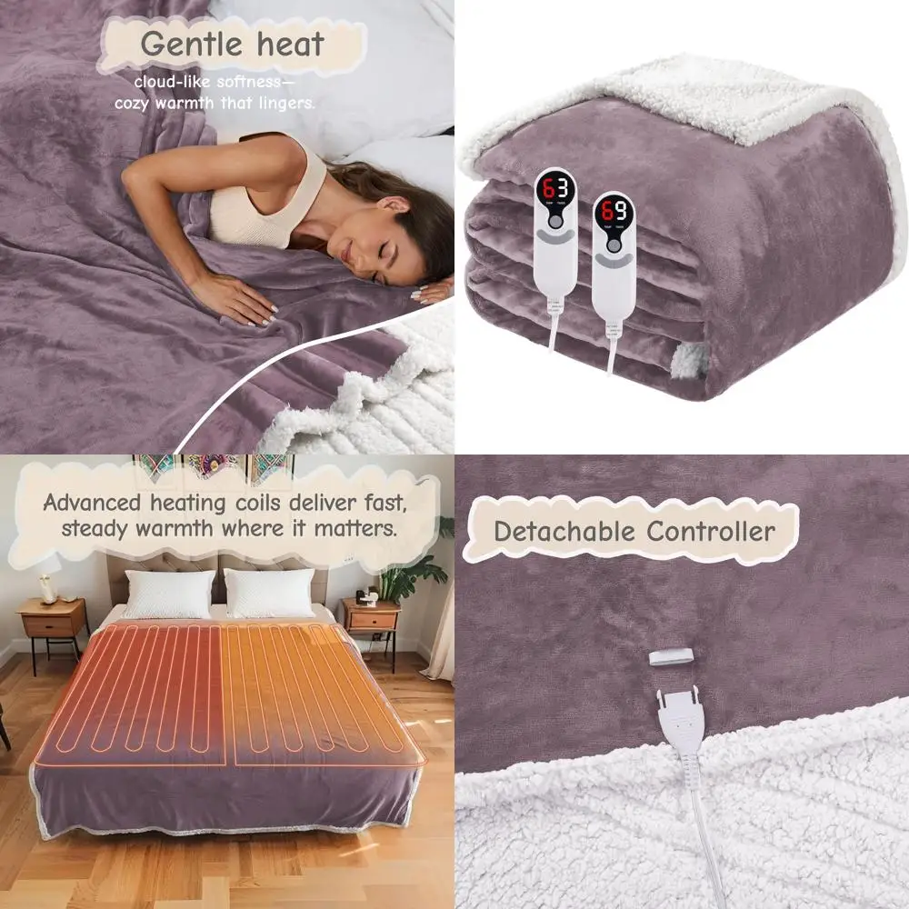 

Queen Size Electric Blanket 84x90, Purple Flannel, Dual Controls, 6 Heat Levels, 10-Hour Timer, Overheat Protection