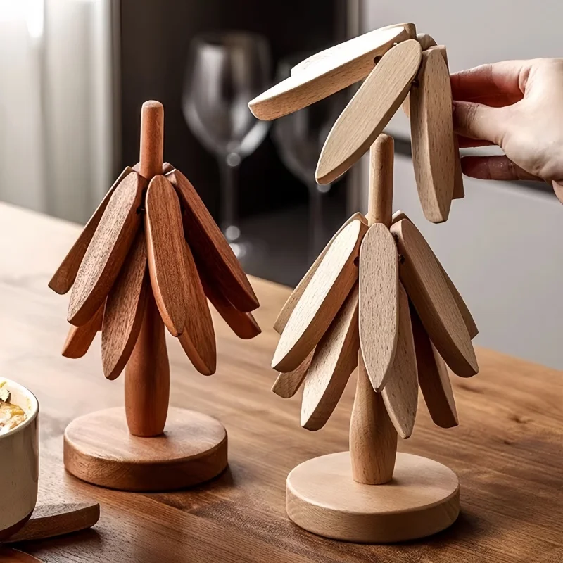 Christmas tree type coasters, solid wood, hot vegetable wooden tripod, tree tripod set, hot vegetable tripod-4 wooden tripods +