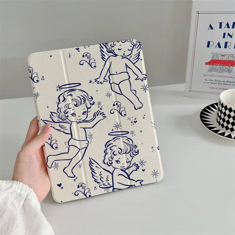 Kawaii Blue Line Angel Doll Creative For iPad 11th A16 10 9 8 7 5 Pro 13 11 M5 M4 M3 M2 12.9'' Air  4 3 2 1 Mini 7 6 8.3'' Cover