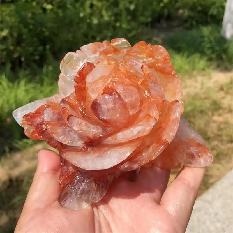 Natural Red Fire Quartz Hematoid Flower Carving Healing Stone Energy Gemstone Cute Home Office Decoration Gift 1PCS