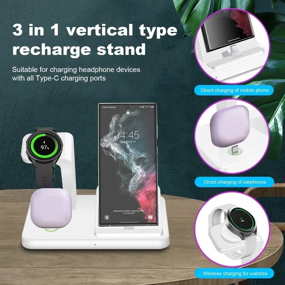 3-in-1 Kabelloses Ladegerät für Samsung S25 S24 S23 für Galaxy Watch 8 7 6 5 Pro 4 3 Buds 3 Duale Typ-C-Anschlüsse Schnelle Ladestation – Detail 8
