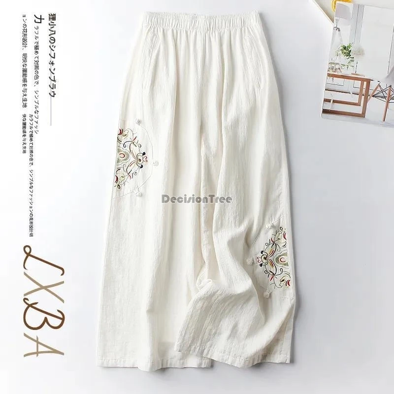 2024 summer daily flimsy loose cotton linen pants fashion chinese design sense embroidery pants high waisted wide leg trousers