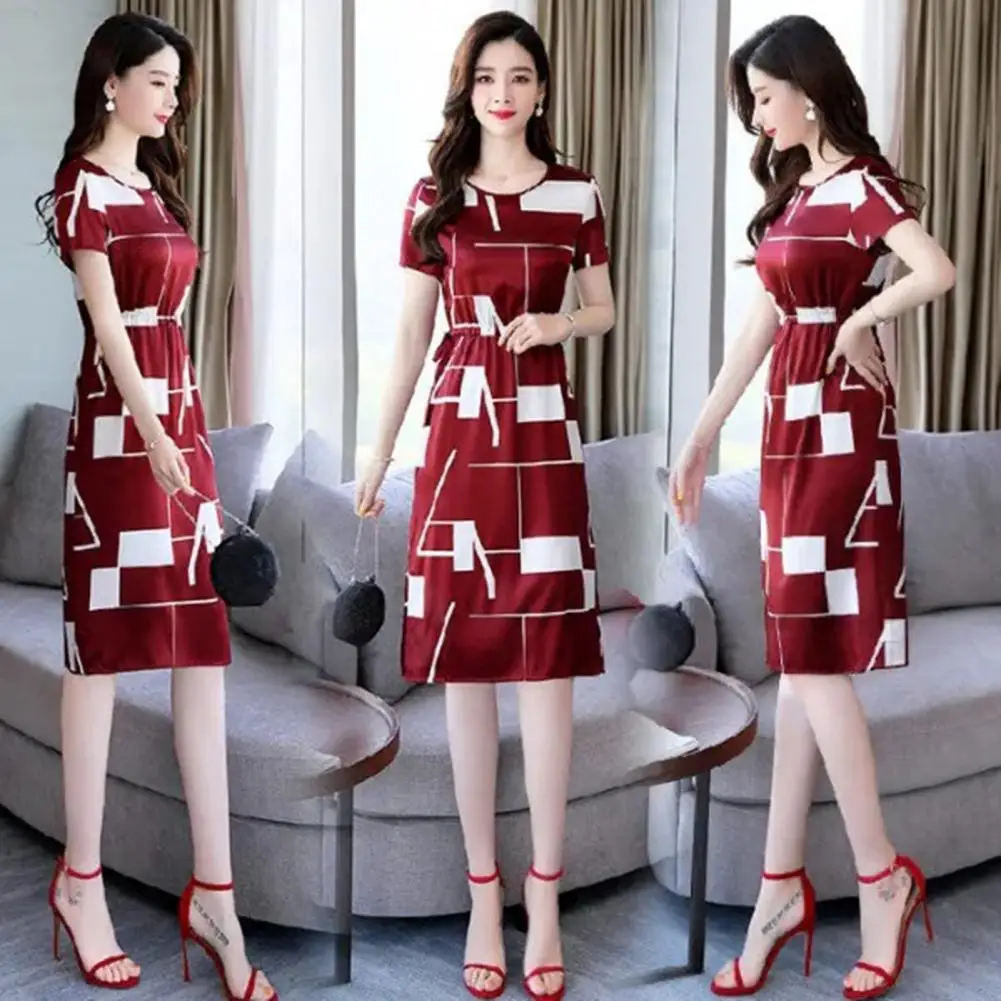 

Lightweight Summer Dress Elegant Colorblock Print Business Dress for Women Slim Fit Knee Length Midi Dress with Short Sleeves O