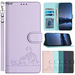 Cartoon Cat Phone Case for Samsung Galaxy S24 Ultra S25 S23 FE S22 S21 S20 Plus S10 S9 S8 Cases Leather Wallet Flip Cover Strap