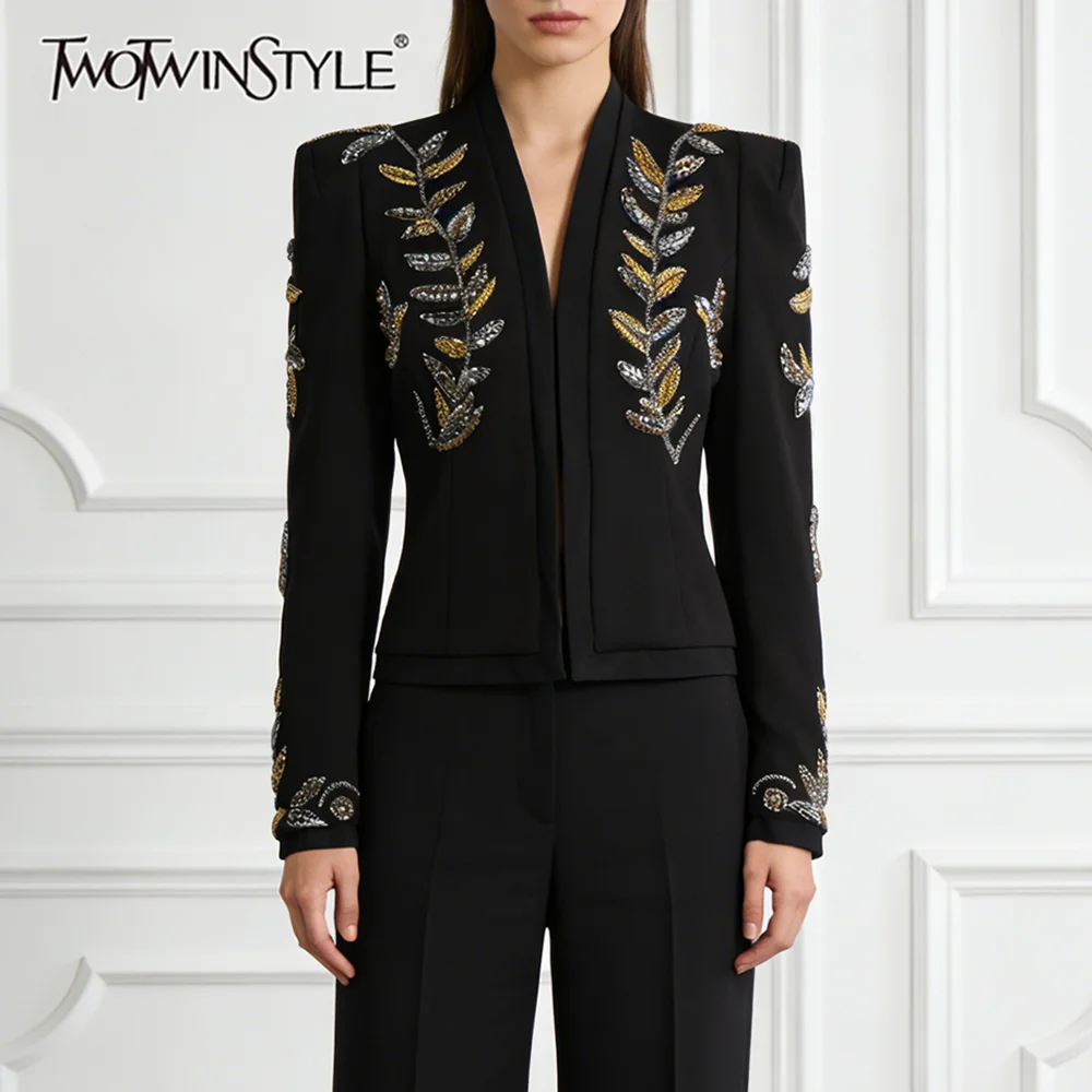 

TWOTWINSTYLE Black Spliced Beading Chic Jacket Female O Neck Long Sleeve Slimming Light Luxury Women's Jackets Autumn Fashion