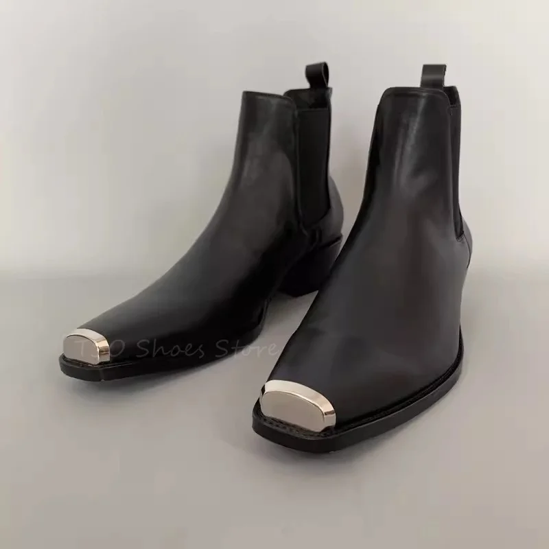 

Chunky Heel Chelsea Boots for Men Metal Toe Genuine Leather Male Shoes 2024 New Stylish Shiny Leather Ankle Boots for Gentleman