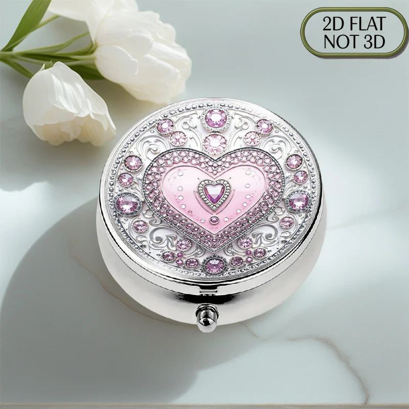 (Flat) 1pc food-grade portable round metal pill box, with a heart-shaped decoration in the center surrounded by jewels, suitable for travel and as a gift, with compartments for storing small decorative items, an elegant choice for friends and relatives.