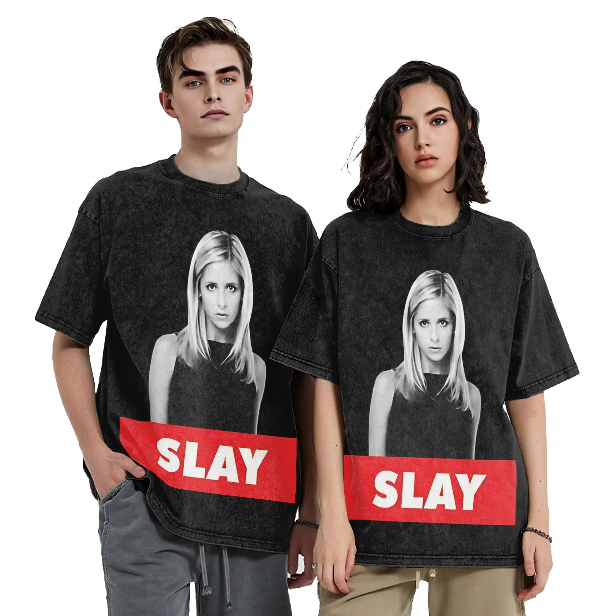 Buffy the Vampire Slayer Washed T Shirts Streetwear Vintage T-Shirt Horror Movie Tees for Men Women Cotton High Street Summer