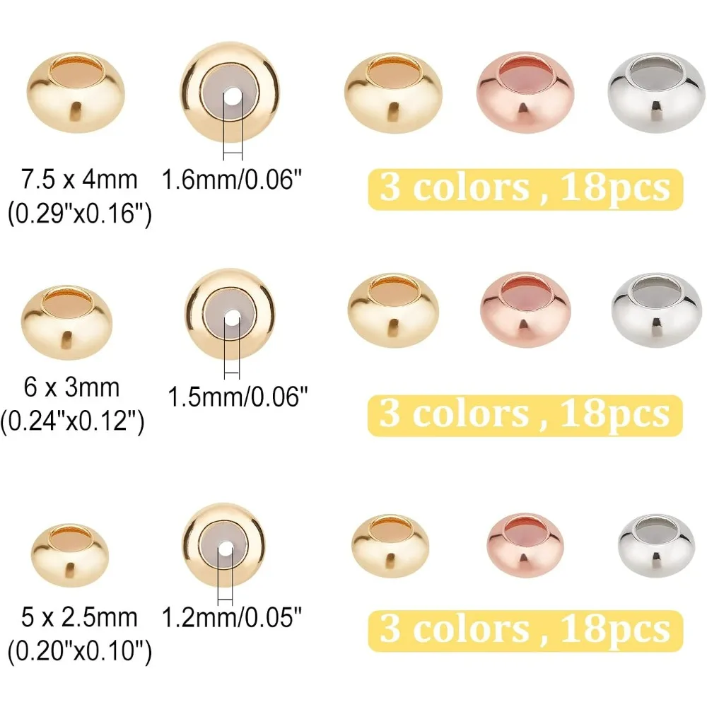 54 Pcs 3 Colors 14K Brass Stopper Beads 5/6/7mm Round Slider Beads with Silicone Inside Metal Spacer Loose Beads making kit