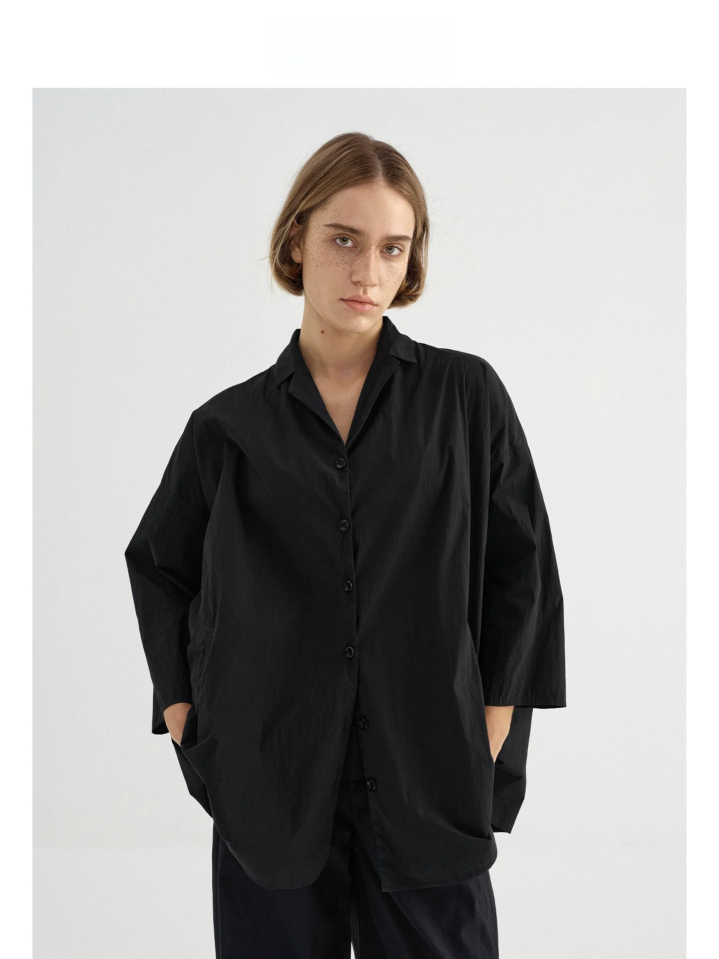 

Loose Fit Cotton irt Turn-down Collar Paper Cotton oulder-baring Seven-quarter Sve Casual Sle Women's irt