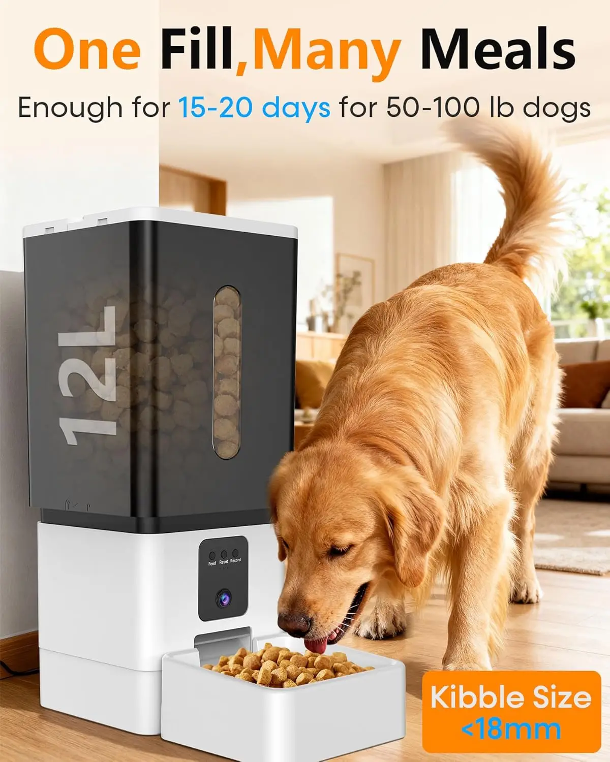 12L 50 Cup Timed WiFi Smart Large Dog Feeder Wide Anti-Clog Chute, Holds 20 Days Dry Food 1080P Camera Remote Monitor