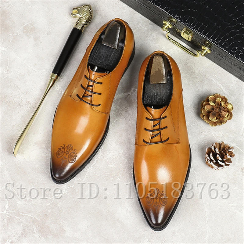 

Pointed Toe Carving Genuine Leather Formal Shoes Men Luxury Design Handmade Cowhide Lace Up Business Oxford Shoes