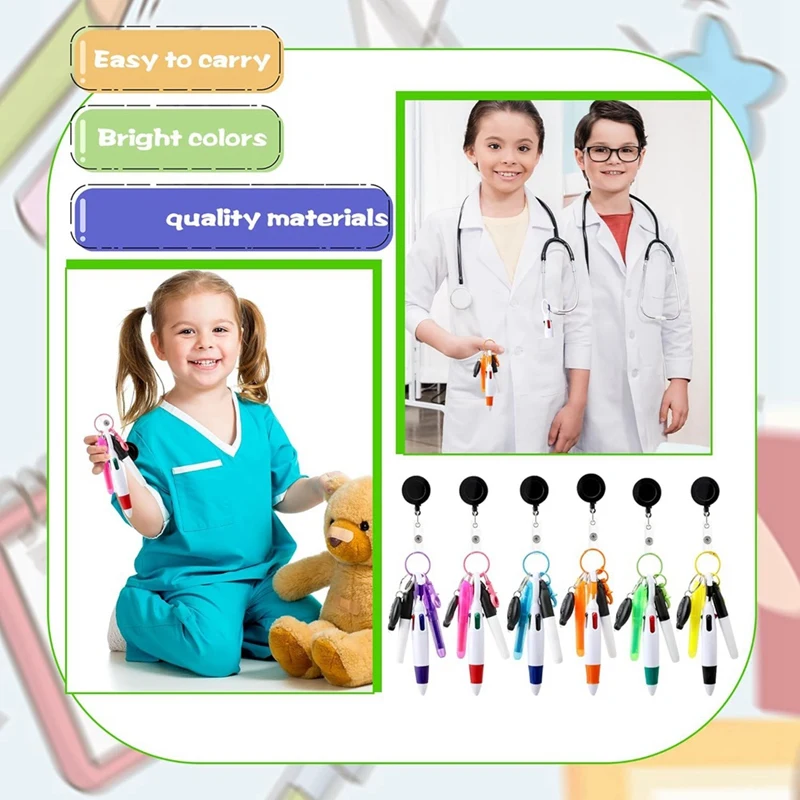 Smart-8Pack バッジ リール ペン 格納式シャトル ペン ミニ マーカー ペン付き 懐中電灯 キー リング 格納式バッジ ホルダー