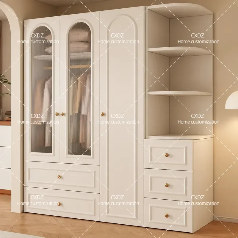 Solid Wood Wardrobe with Tempered Glass Doors and Drawers Light Luxury Pastoral Style Opposite Door Closet for Bedroom