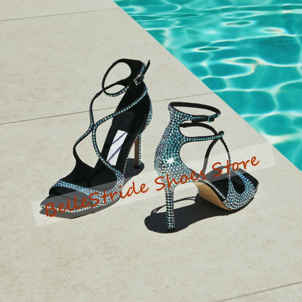 

Blue Square Toe Buckle Strap Crystal Sandals Open Toe Women Shoes Thin High Heels Party Banquet Dating 2025 Zapatos Para Mujere
