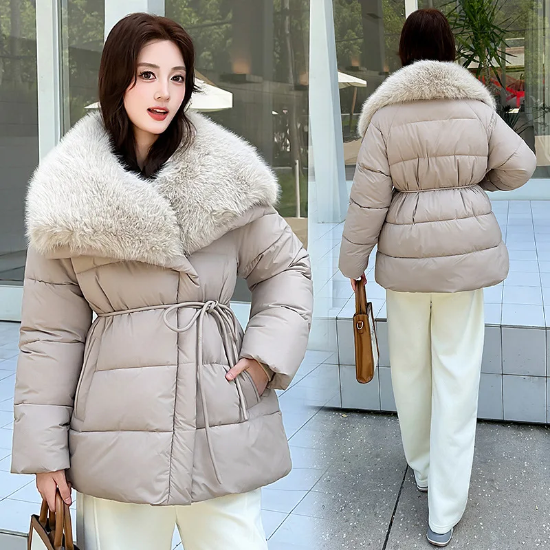 2026 Winter New Korean Version Large Sweater Neck Cotton-padded Coat Women's Medium and Long Waist Lace-up Gray