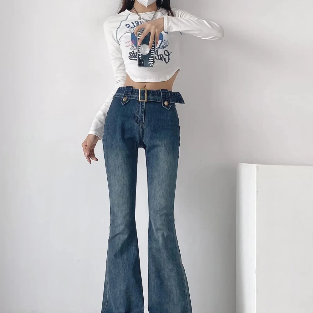 

UETEEY Retro Grinding White Flared Pants Female 2022 Autumn New American Hot Girl Wind Slim Long Jeans